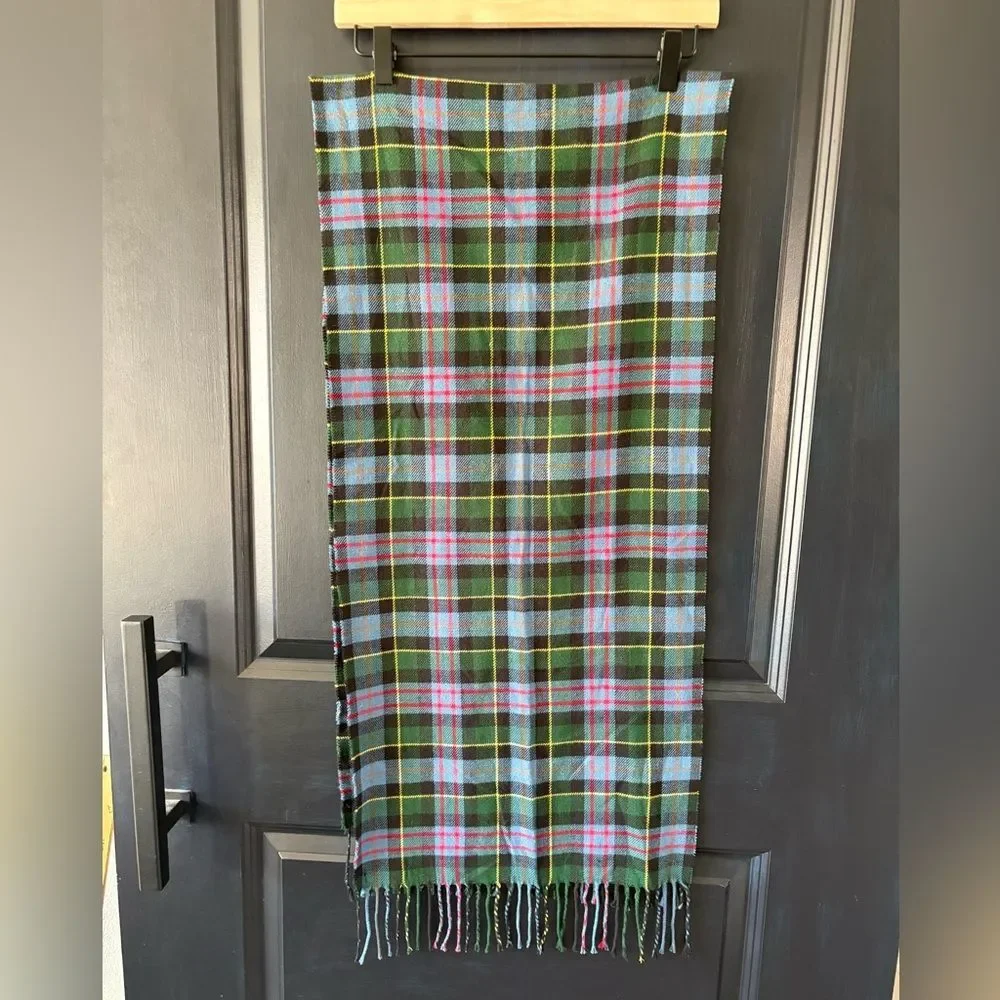 Lands End Tartan Plaid Fringe Scarf Blue Green Black